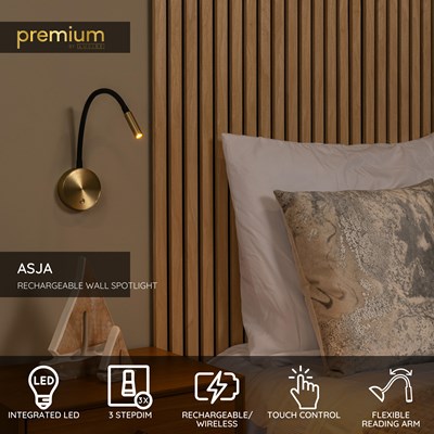 Lucide ASJA - Rechargeable Wall spotlight / Wall light - Battery pack- LED 3 StepDim - 1x3W 2700K - Matt Gold / Brass | Premium